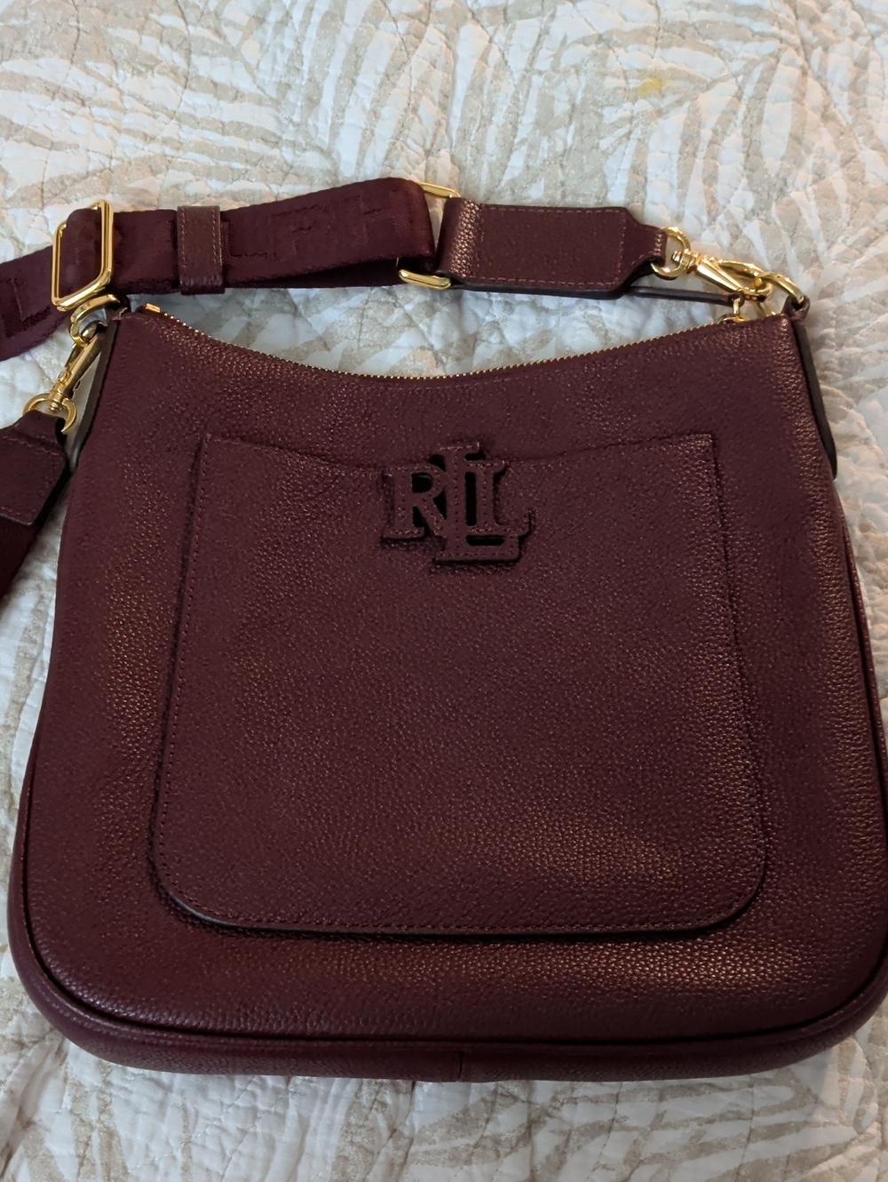 Ralph Lauren Burgundy Leather Crossbody Shoulder Bag with Gold Hardware